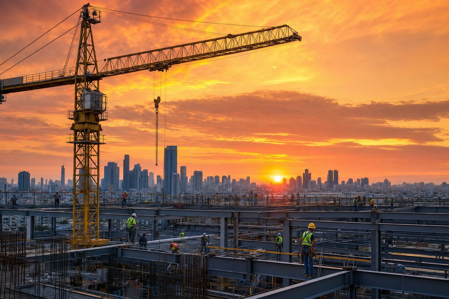 Commercial construction site at dusk with crew and crane